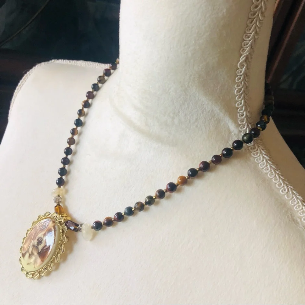 Handcrafted hound dog cameo natural stone bulls eye citrine necklace